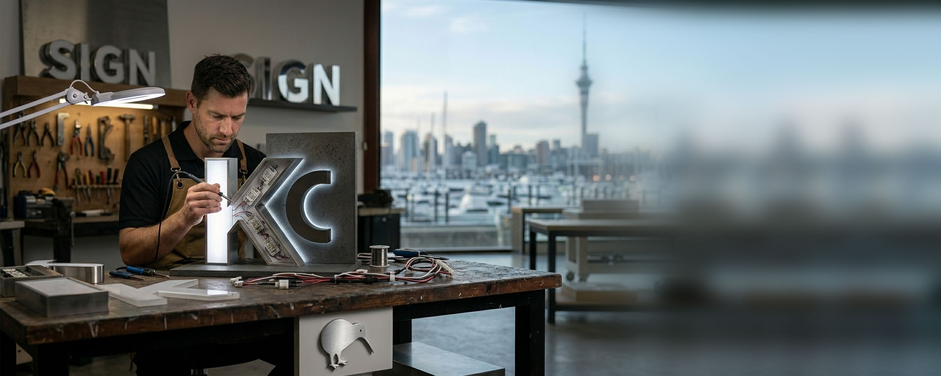 Craftsman building an illuminated channel-letter sign in an Auckland workshop